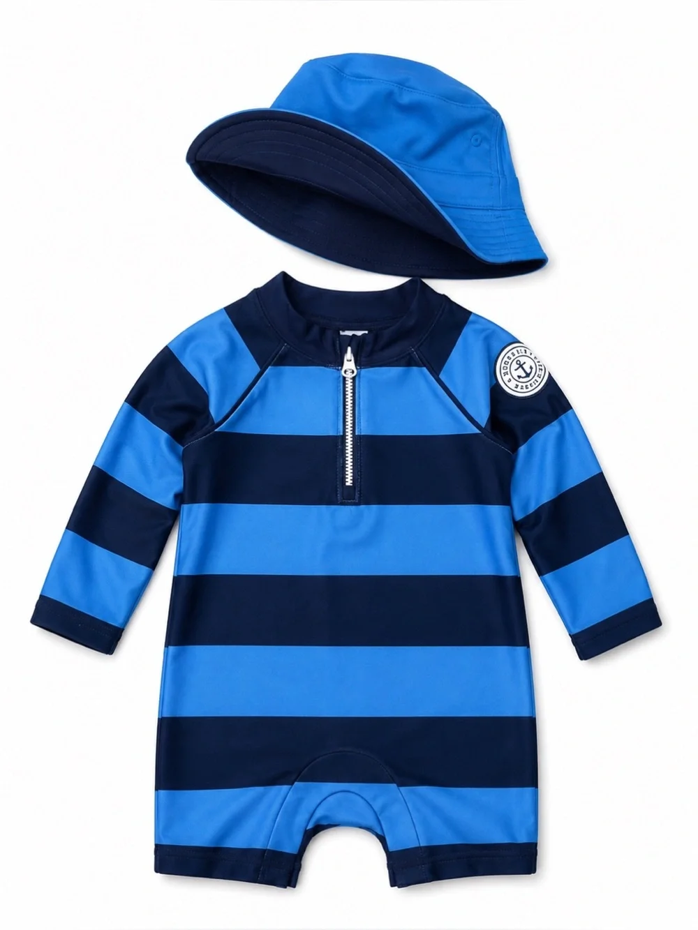 Baby Gap Blue & Navy Striped Rashguard & Bucket Hat Swim Set Baby Size 6-12M